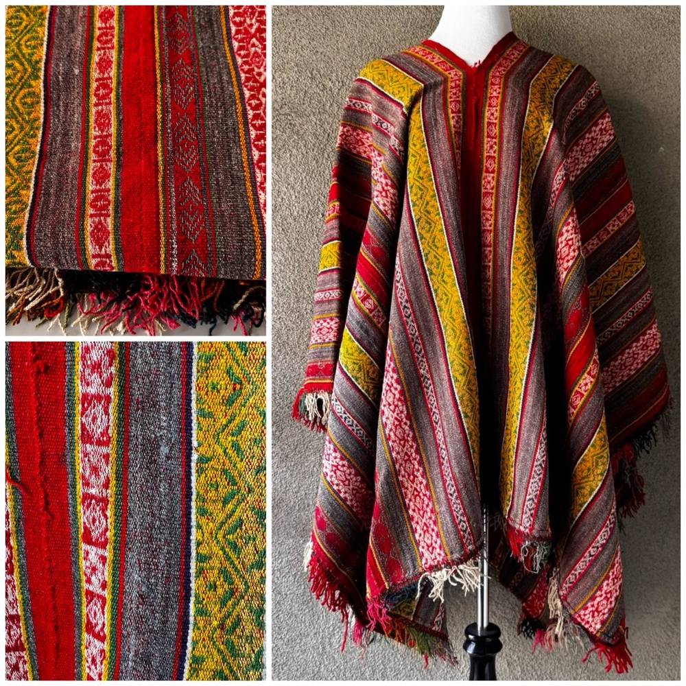 Vintage Hand-Woven Wool Poncho Shawl Blanket